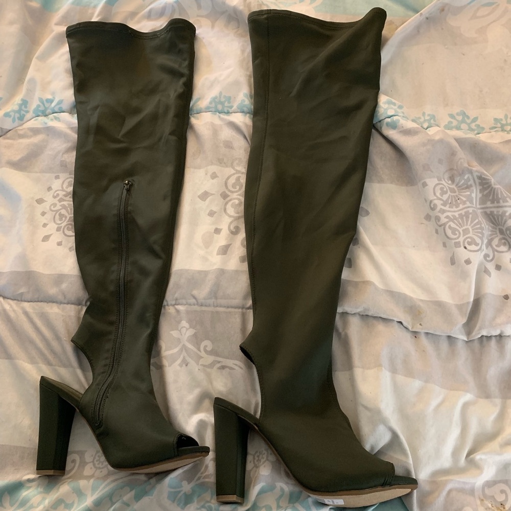 Olive green over the knee boots